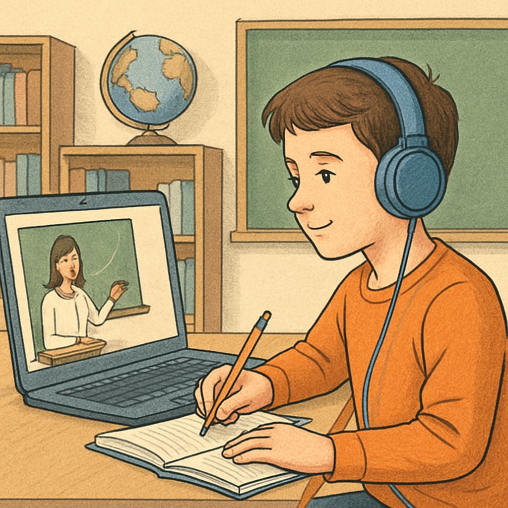 A student participating in an online class, showcasing the virtual learning environment of Khan World School. Virtual learning environment at Khan World School.