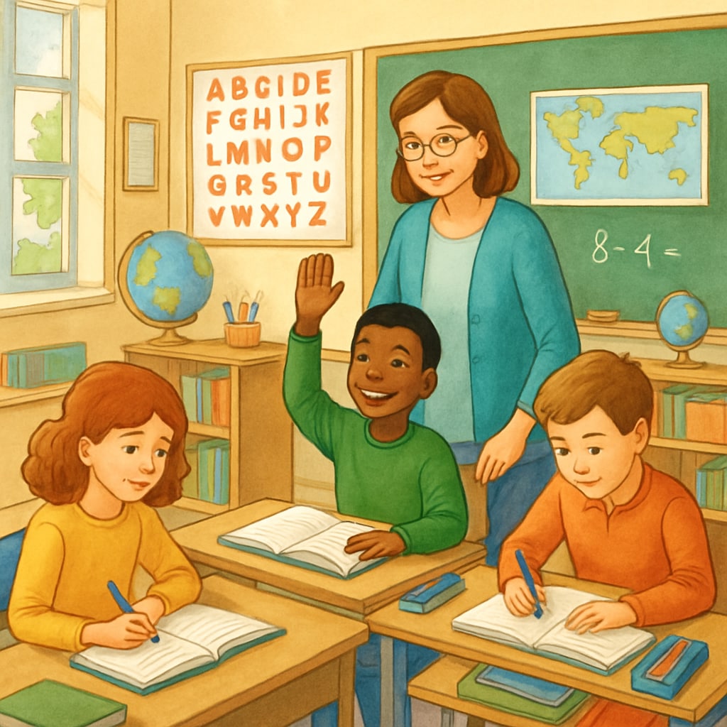 A well-equipped classroom with engaged students and a supportive teacher, symbolizing student-centered support. A classroom showcasing student-centered support with engaged learners and a teacher.