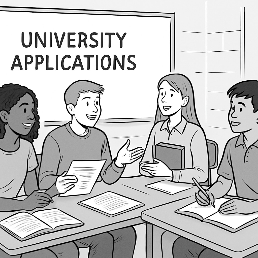 Freshman students discussing university applications challenges.