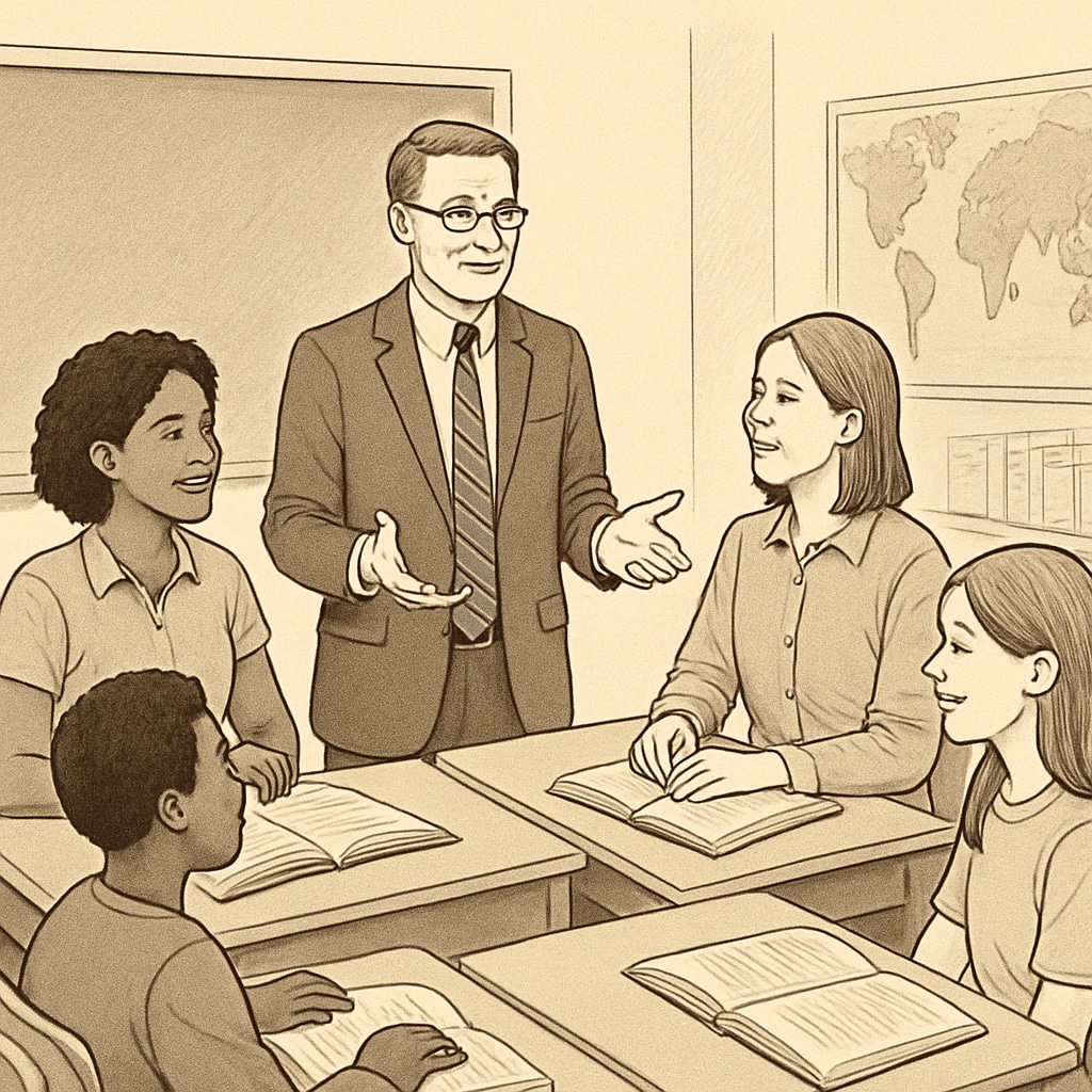 A school principal engaging in a discussion with teachers and students, illustrating effective leadership. A principal discussing strategies with teachers and students, highlighting leadership.