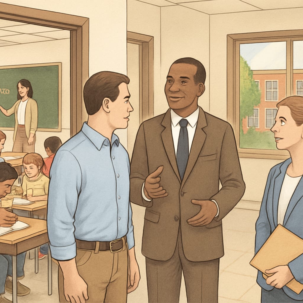 Parents visiting a school to evaluate its environment and teaching staff.