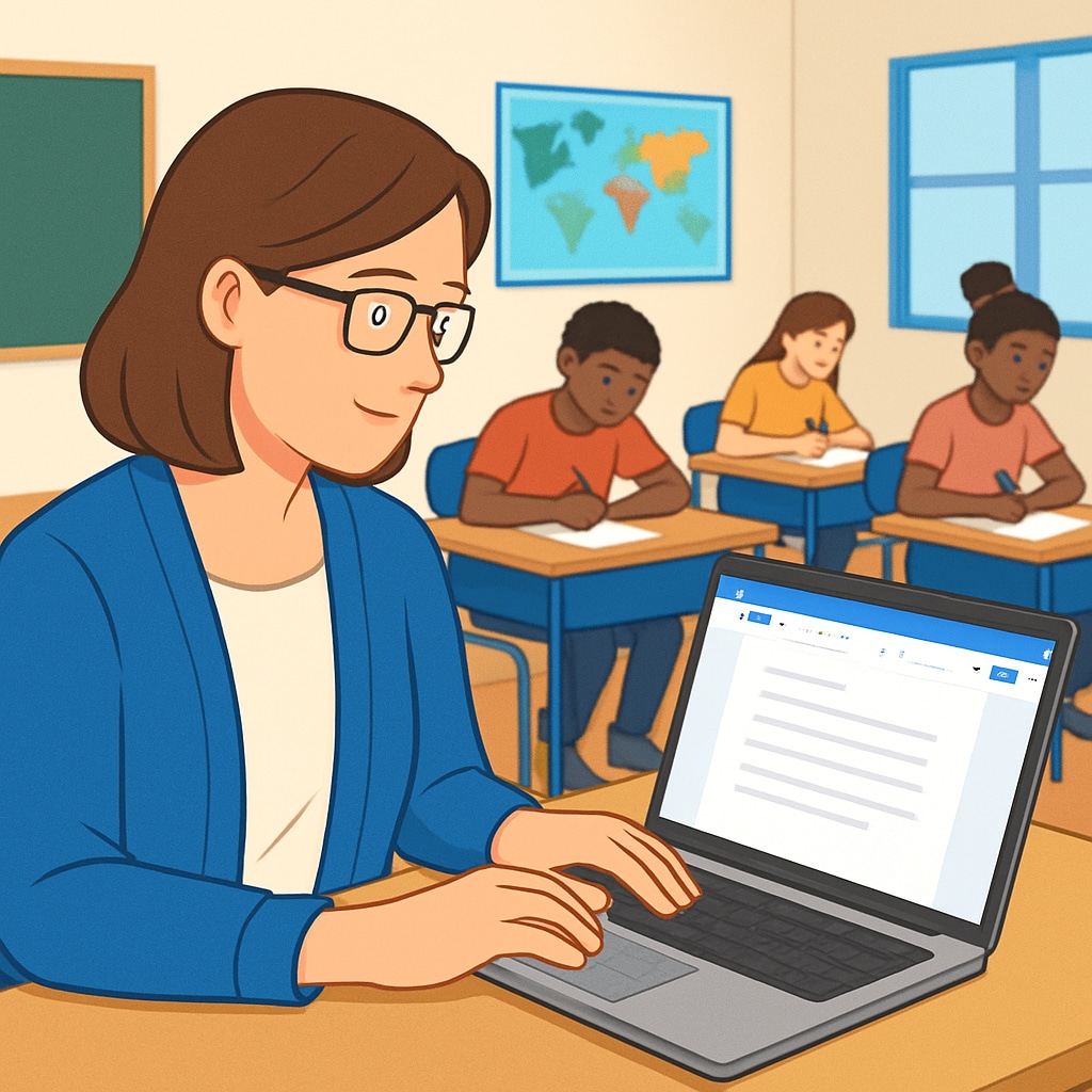 A teacher using a laptop to monitor student writing progress in Google Docs. Teacher monitoring student writing progress using GPTZero in Google Docs.