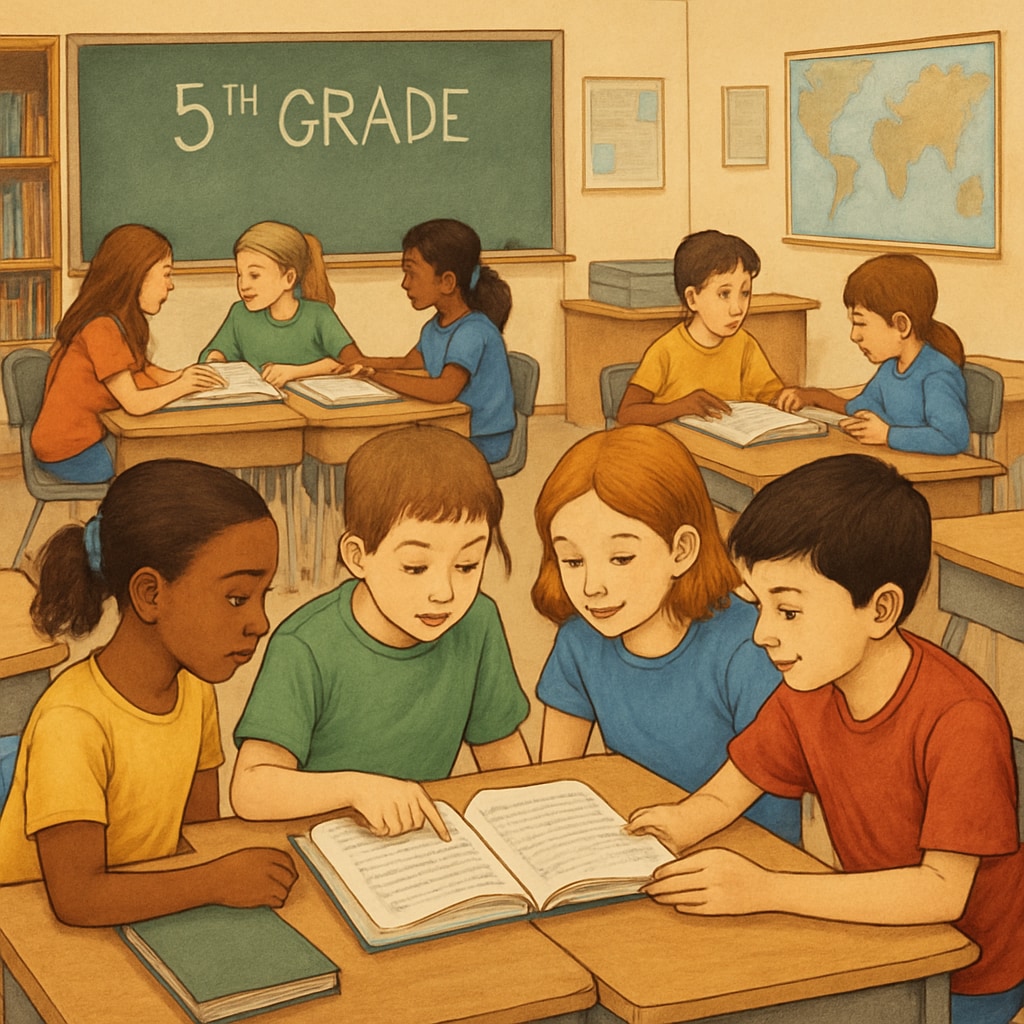 Students in a 5th-grade classroom participating in a group reading session as part of ELA instruction.