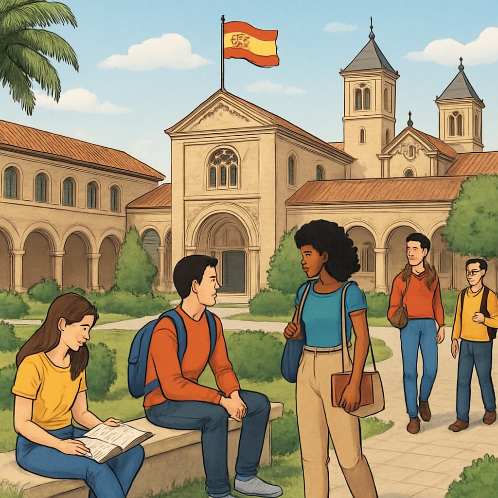 A vibrant image of a university campus in Spain with students interacting outdoors, symbolizing academic life and cultural diversity. University campus in Spain with students discussing coursework and enjoying the outdoors