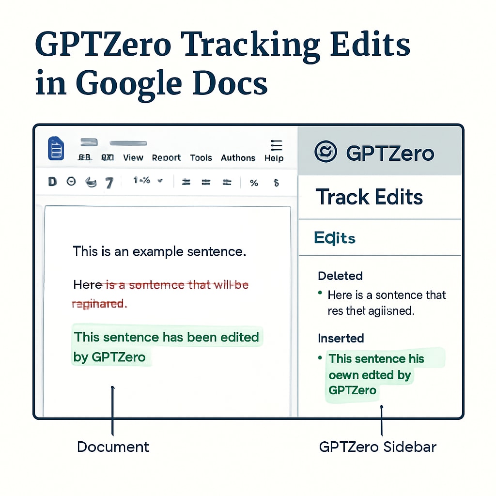 A screenshot showing GPTZero's interface tracking edits in Google Docs. Screenshot of GPTZero tracking Google Docs writing activity.