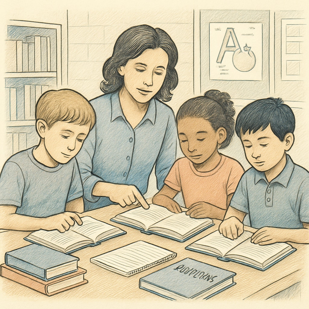 Educator providing personalized reading instruction to a small group of 5th-grade students.