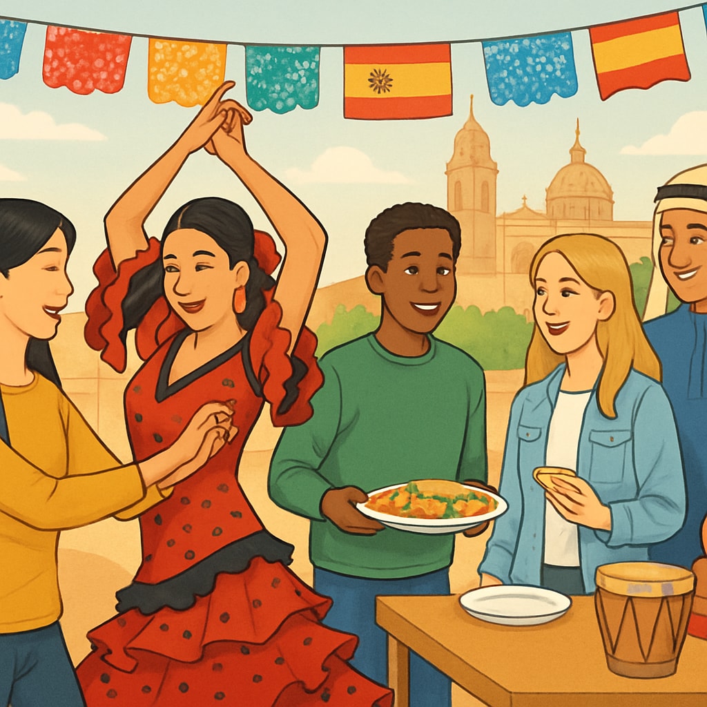 A group of international students participating in a cultural festival in Spain, showcasing the country’s welcoming and diverse environment. International students at a cultural festival in Spain celebrating together