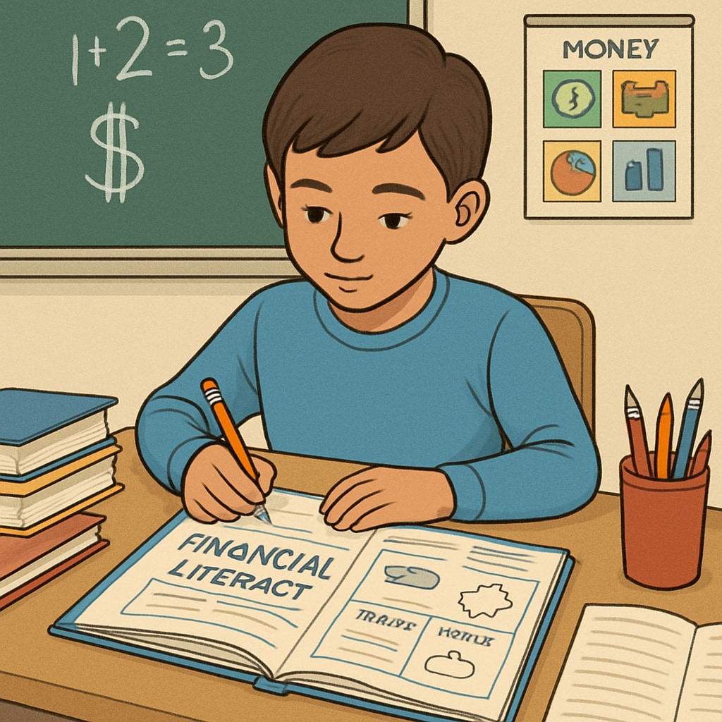 A young student engaging with a financial literacy workbook in a classroom setting. Financial literacy education for students in a classroom.