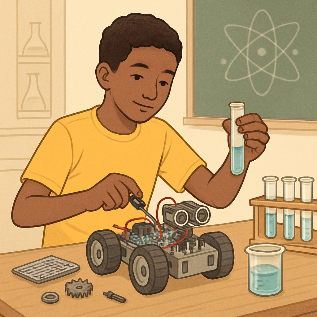 A student participating in robotics activities, representing STEM exploration.