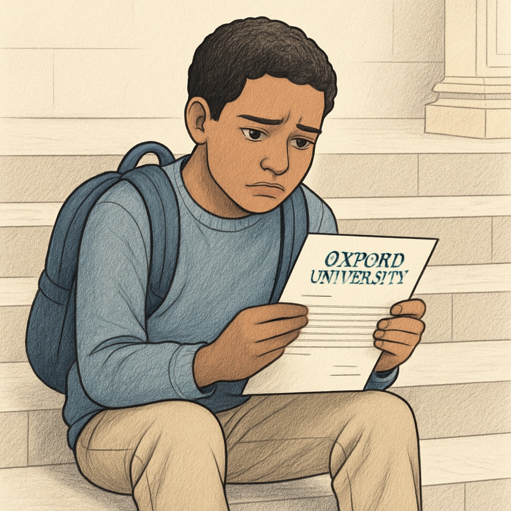 A young immigrant student sitting on steps, holding an Oxford University acceptance letter, looking concerned about tuition costs. Immigrant student worried about Oxford University tuition fees due to residency status