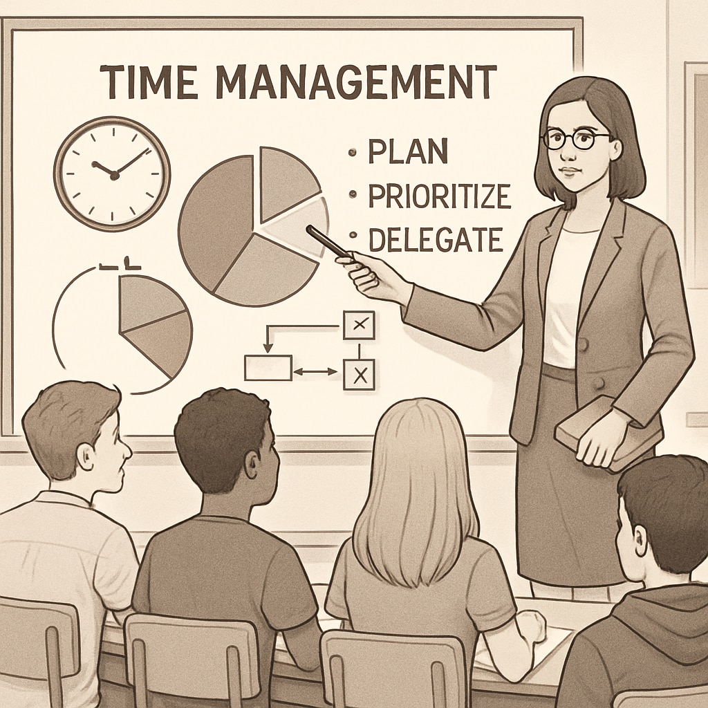 A teacher demonstrating time management techniques to high school students using a whiteboard. Time management techniques explained to students.