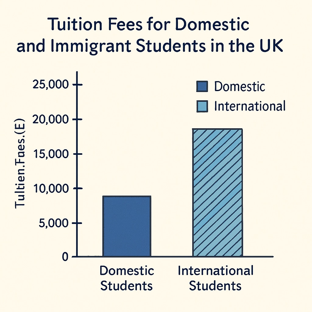 A graph illustrating the difference in tuition fees between domestic and international students in the UK, focusing on immigrant students. Graph showing disparity between domestic and international tuition fees in the UK
