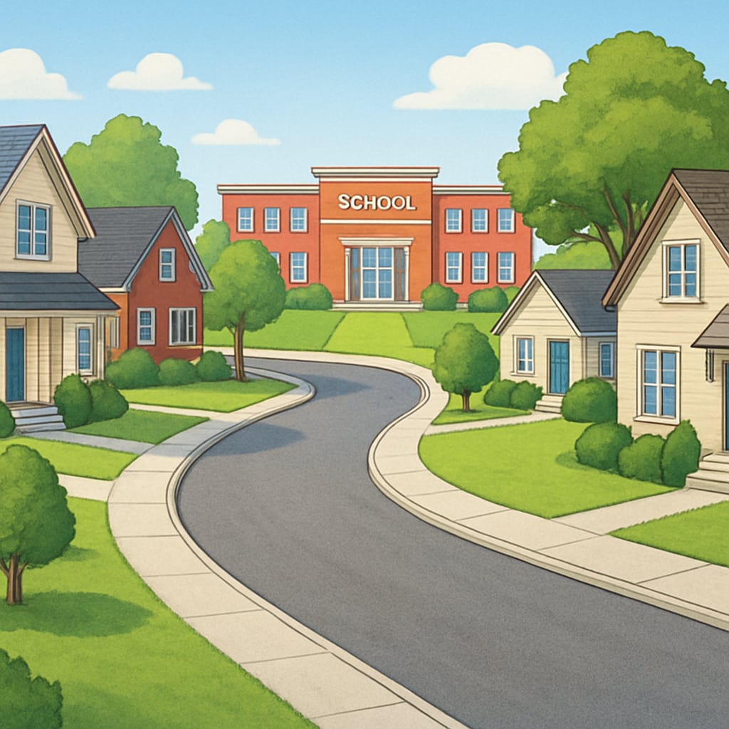 Suburban homes near a top-ranked school, reflecting the impact of school district rankings, real estate, and housing choices.