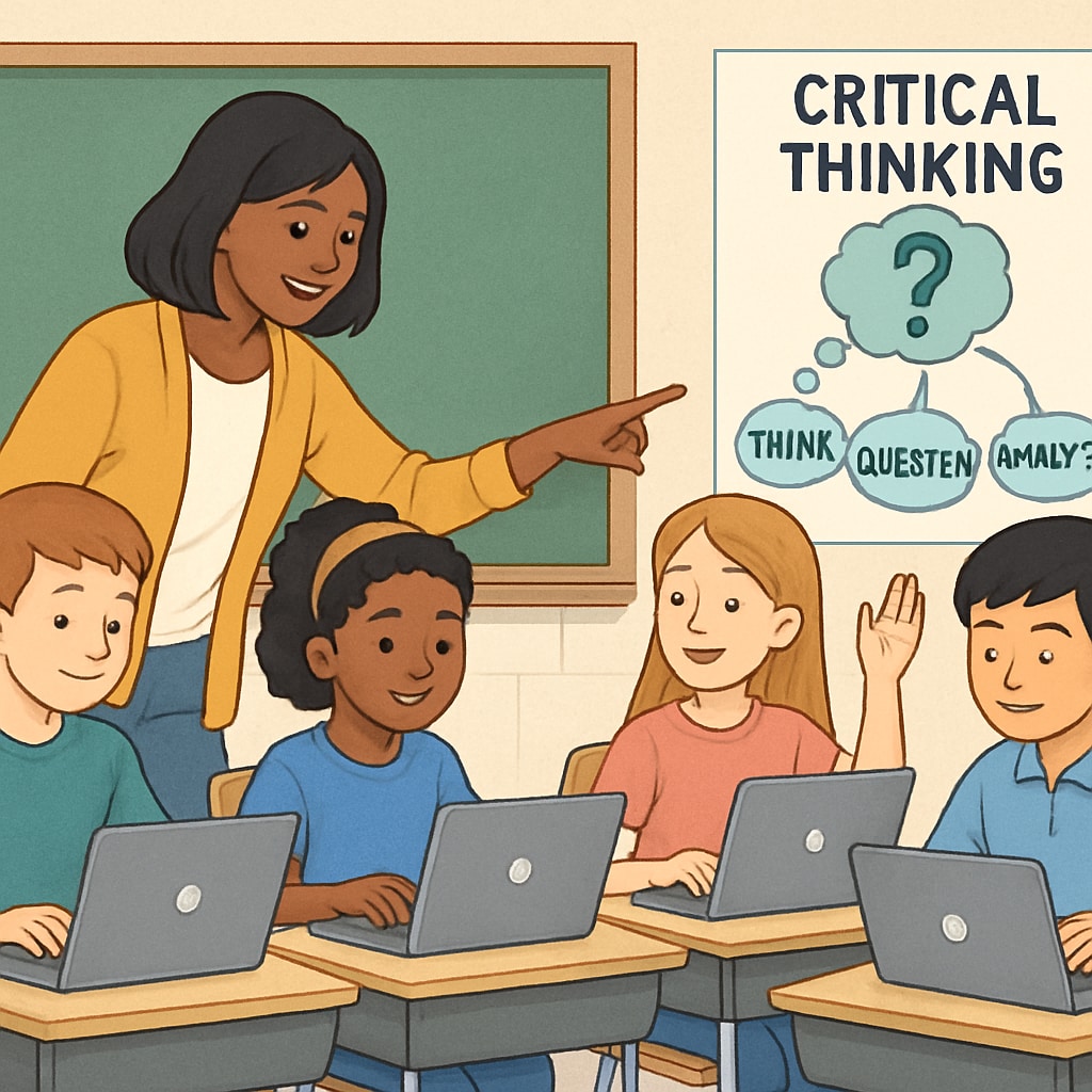 A teacher guiding students through a critical thinking exercise while using Chromebooks, emphasizing blended learning approaches. Teacher facilitating critical thinking activities with Chromebooks in class.