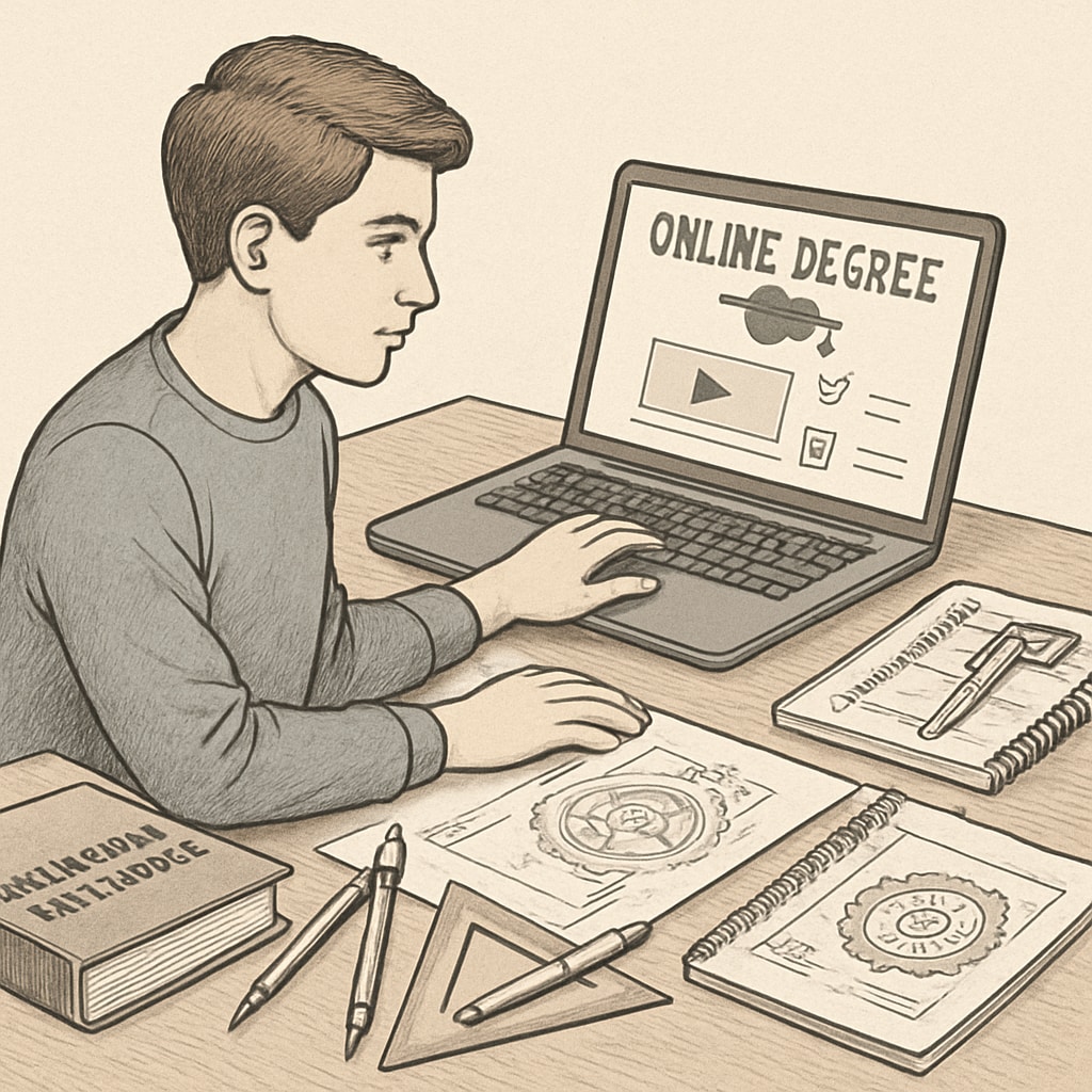 Student balancing mechanical engineering and online degree studies.
