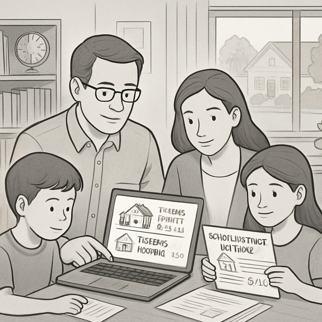 A family analyzing housing listings, highlighting the connection between school rankings and housing decisions.
