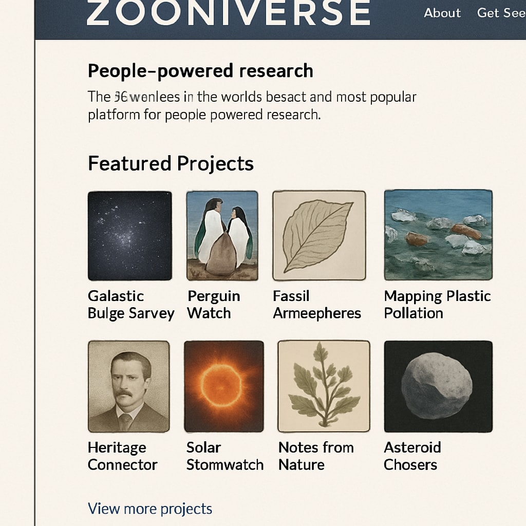 A screenshot of the Zooniverse homepage showcasing various citizen science projects. Zooniverse homepage featuring different citizen science opportunities for students.