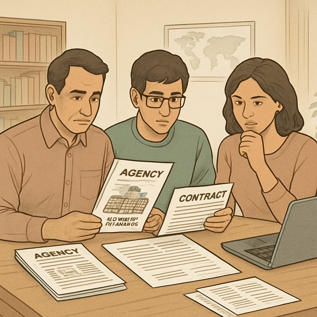 A concerned family reviewing agency brochures and contracts to select the best fit for their child's U.S. master's education. Family reviewing agency brochures and contracts for U.S. master's program planning.