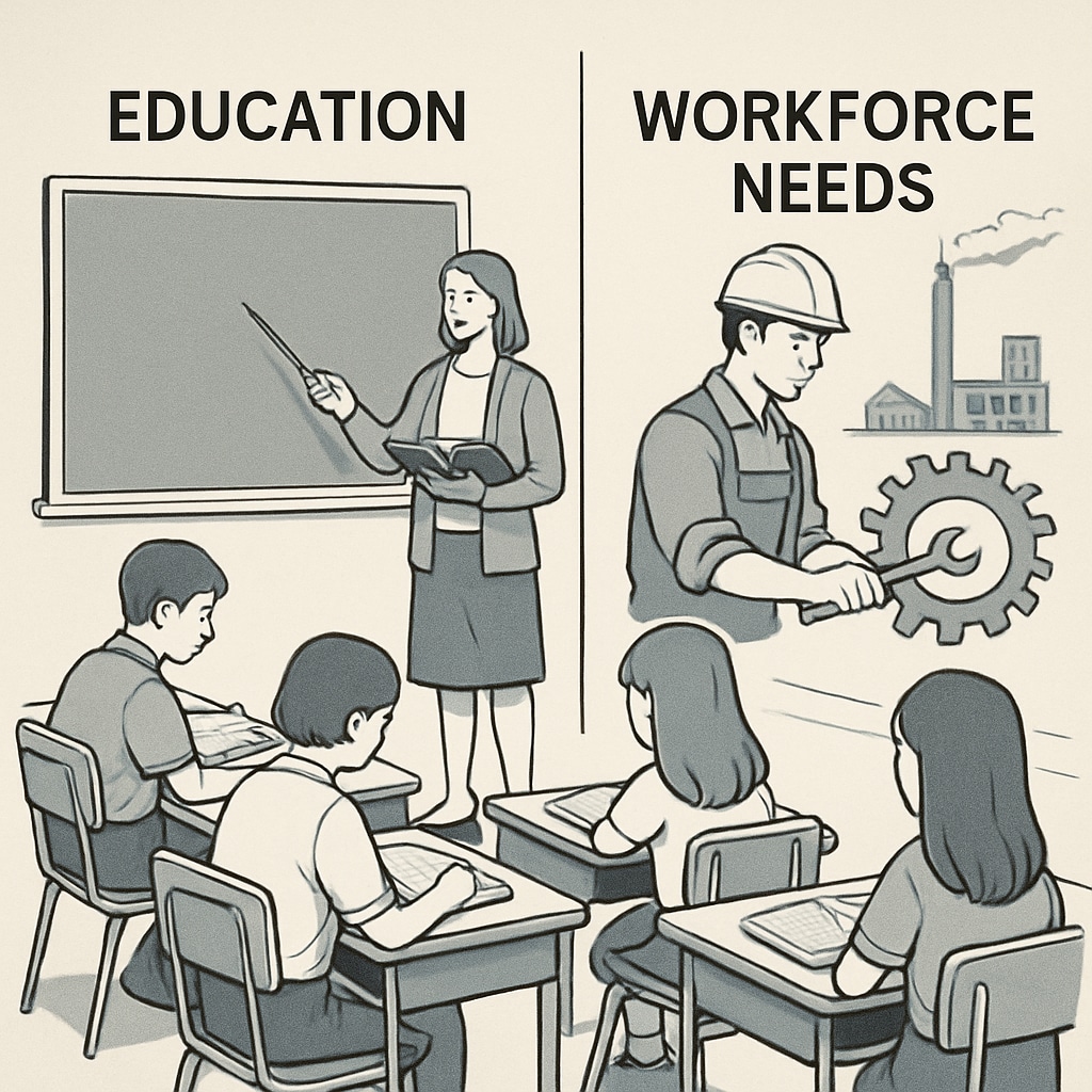 Students in a classroom learning traditional subjects, illustrating the gap between education and job market demands.