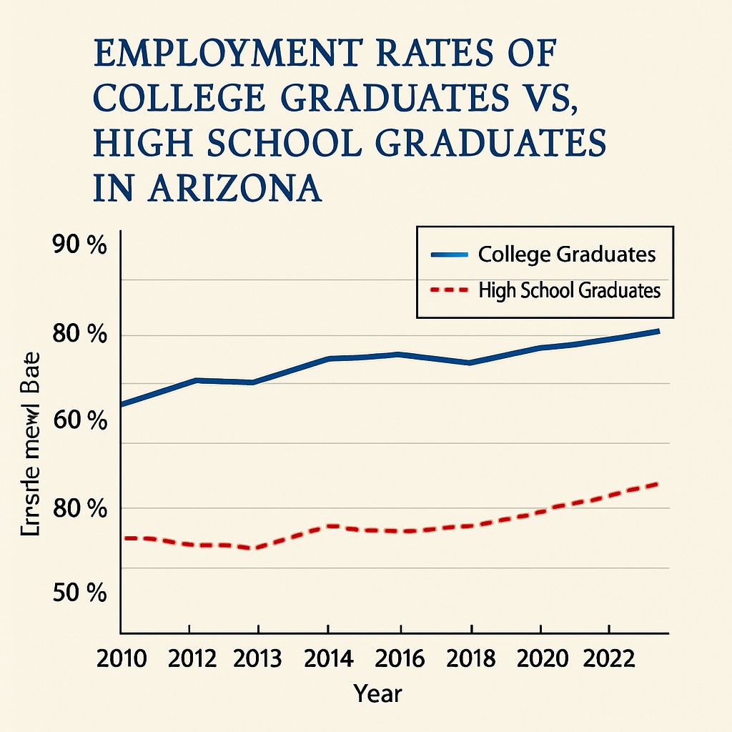A graph comparing employment rates of college graduates versus high school graduates in Arizona. Employment graph showing disparities between college and high school graduates in Arizona.