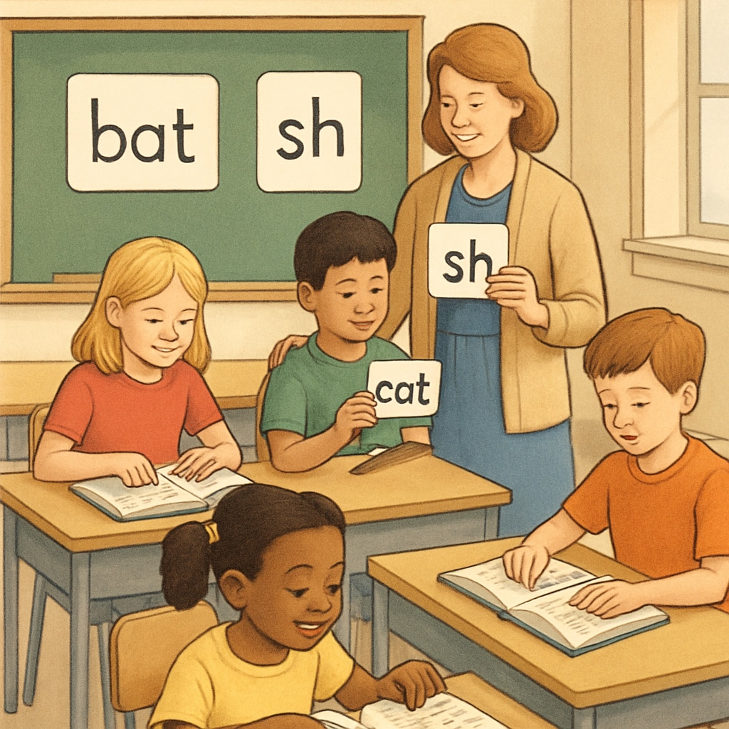 A classroom setting where children are learning to read using flashcards and books, symbolizing the combination of phonics and whole language approaches. Phonics and whole language reading teaching methods in a classroom setting.