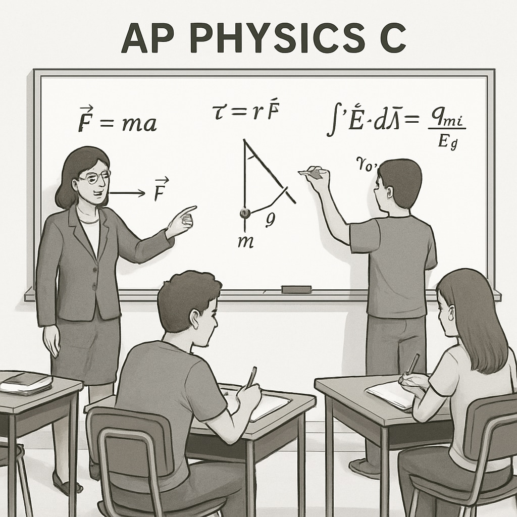 AP Physics C classroom with teacher and students discussing physics problems.