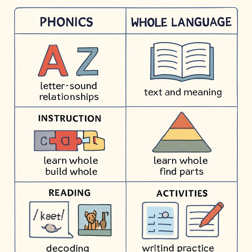 An illustrated comparison chart showing the differences between phonics and whole language approaches in teaching literacy. Comparison chart of phonics vs whole language reading strategies.