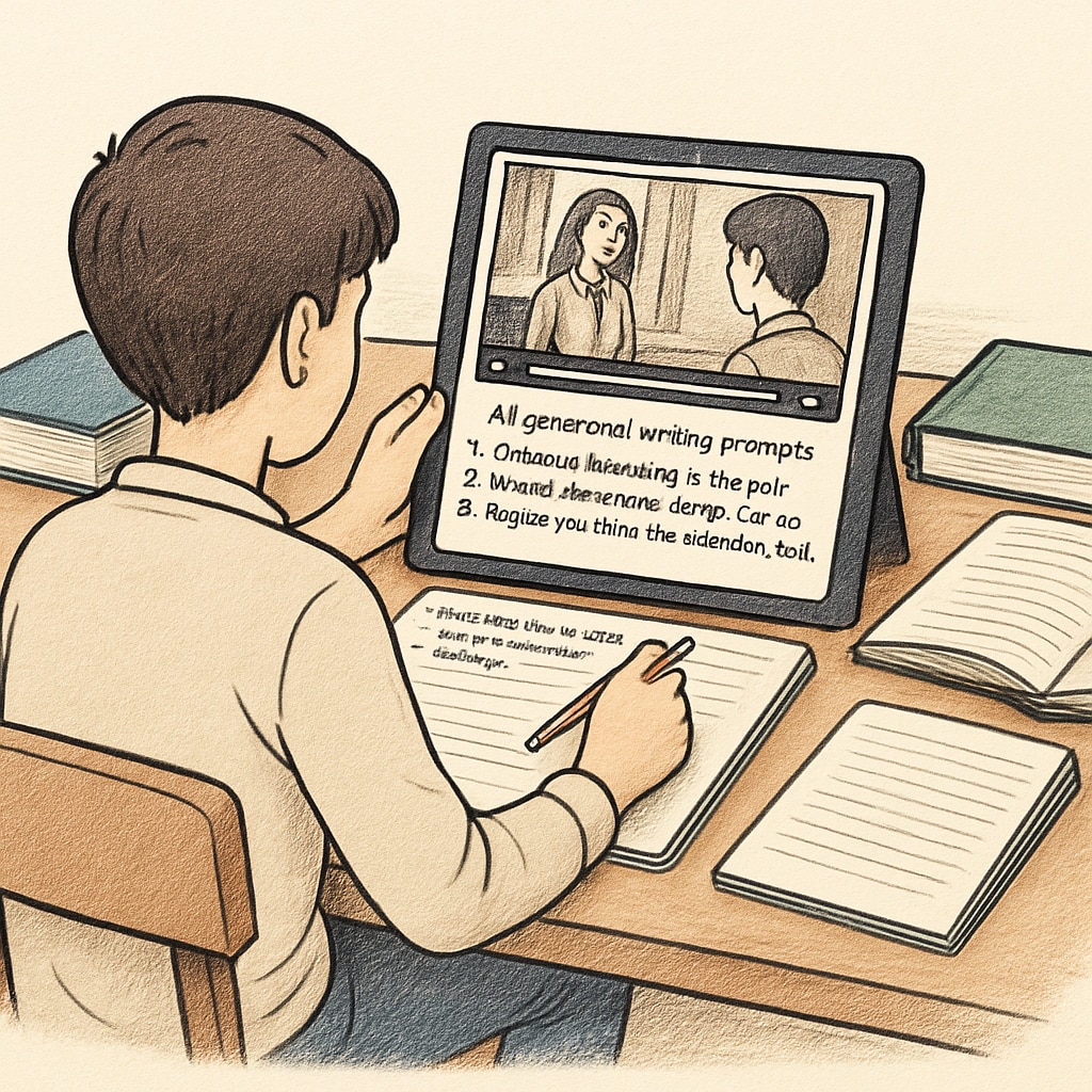 A student analyzing a film clip on a tablet with AI-generated writing prompts. Student using AI writing prompts for film analysis.