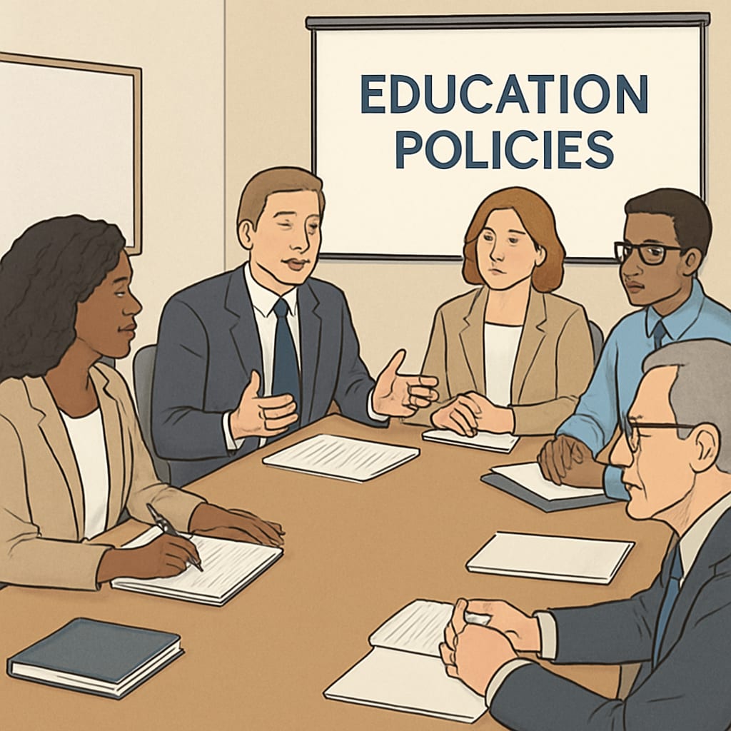 School board members discussing policies in a meeting.