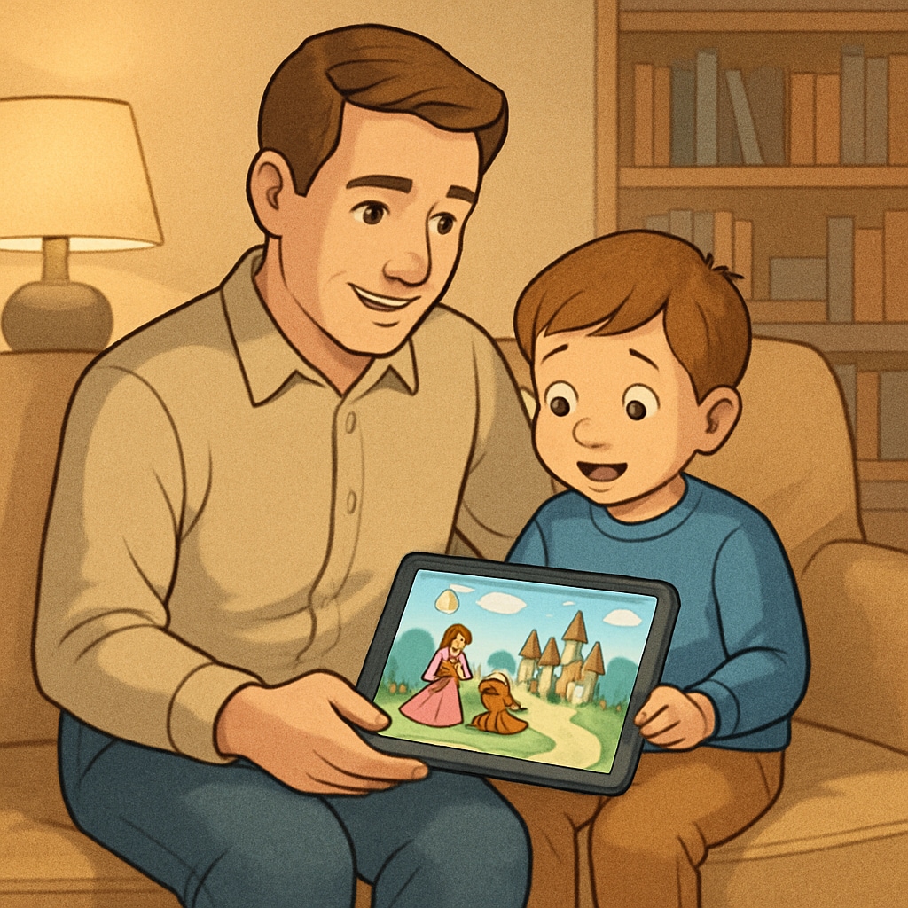 Parent and child using a children's reading app on a tablet.