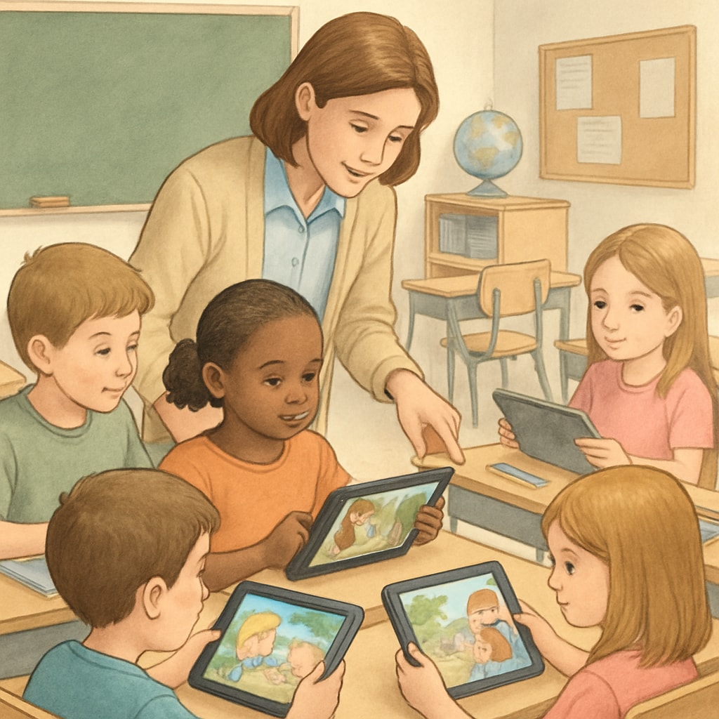 Children and teacher using tablets for interactive storybooks.