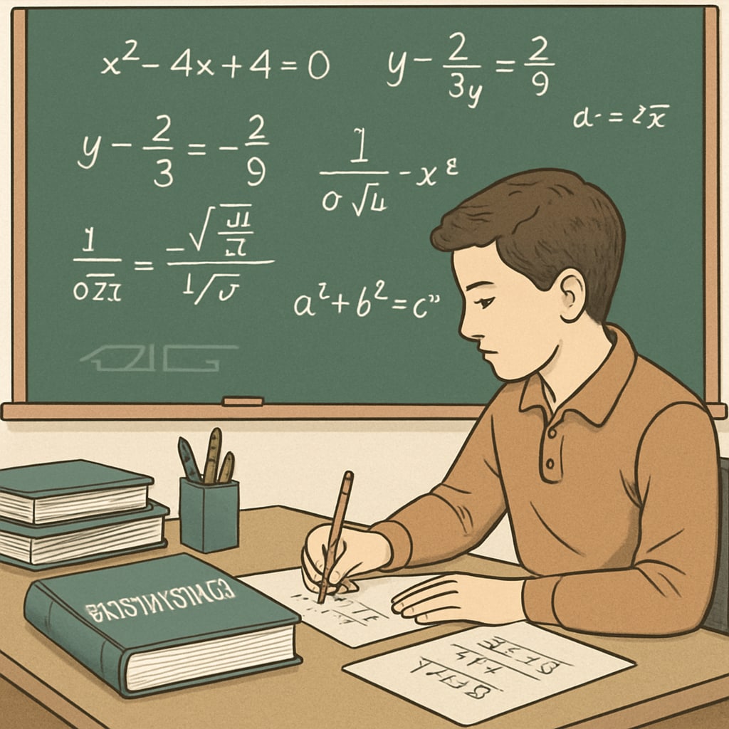 A student working through mathematical equations in a classroom setting, symbolizing preparation for biostatistics. Student solving equations related to biostatistics preparation.