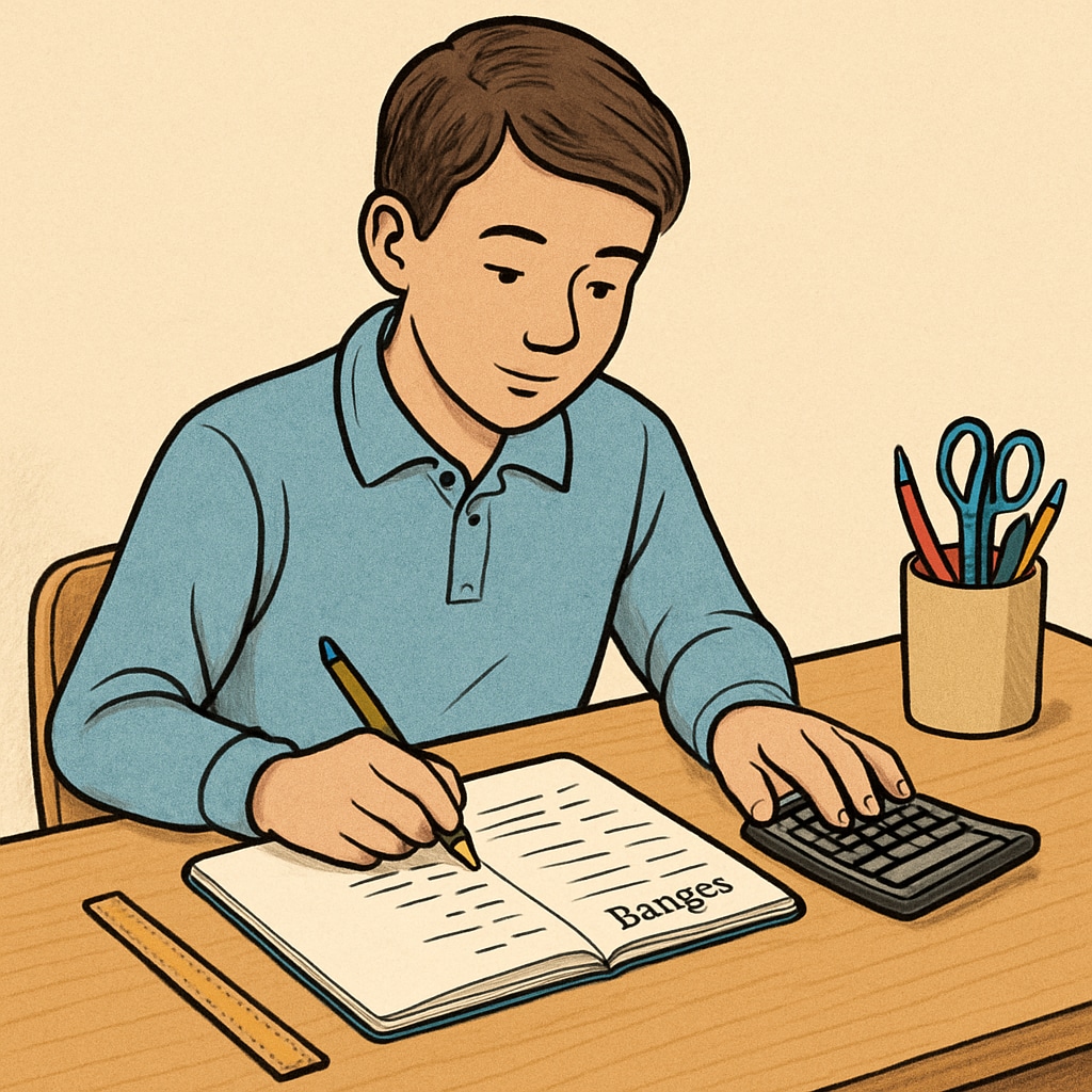 A student using a calculator and notebook to solve a real-world problem, such as planning a budget. Student applying math concepts to solve practical challenges like budgeting.