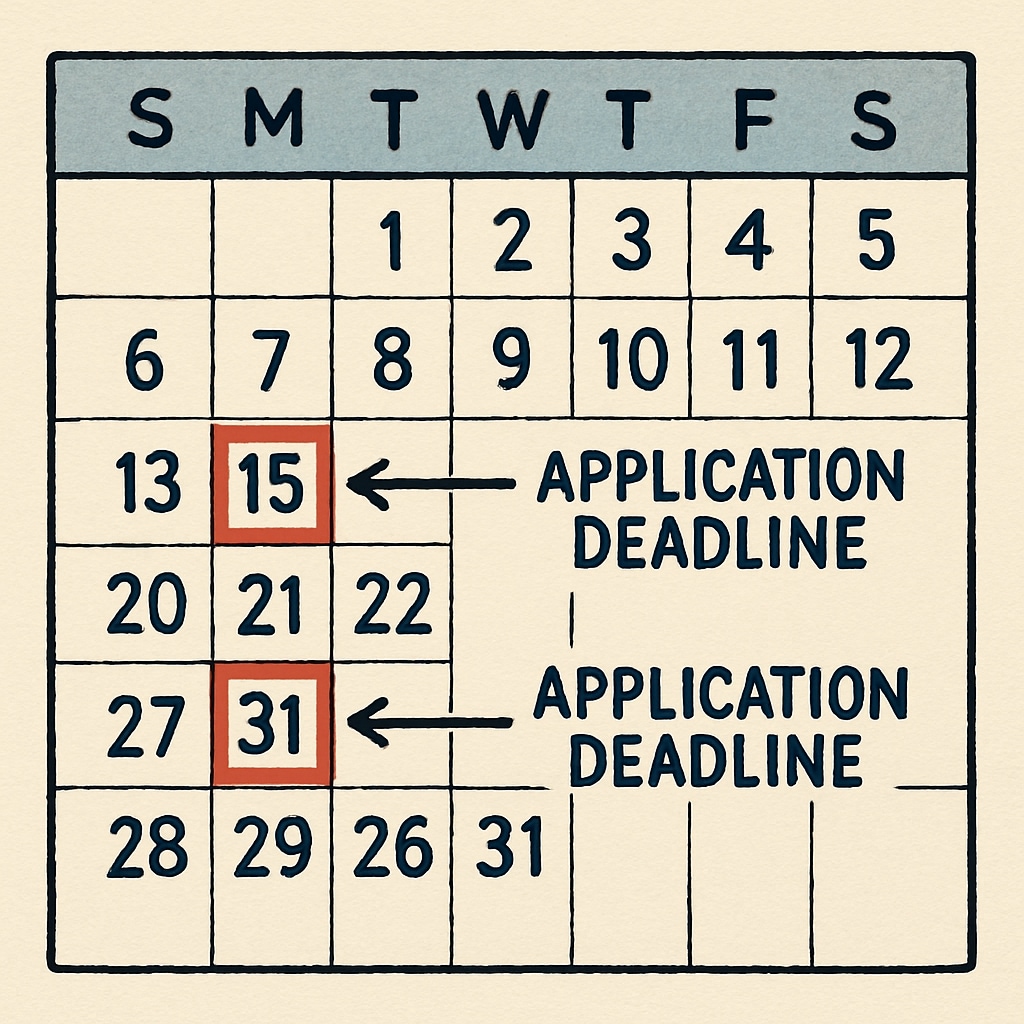 A calendar with application deadlines marked, emphasizing the importance of timing in planning. A calendar highlighting U.S. master's application deadlines and planning milestones.
