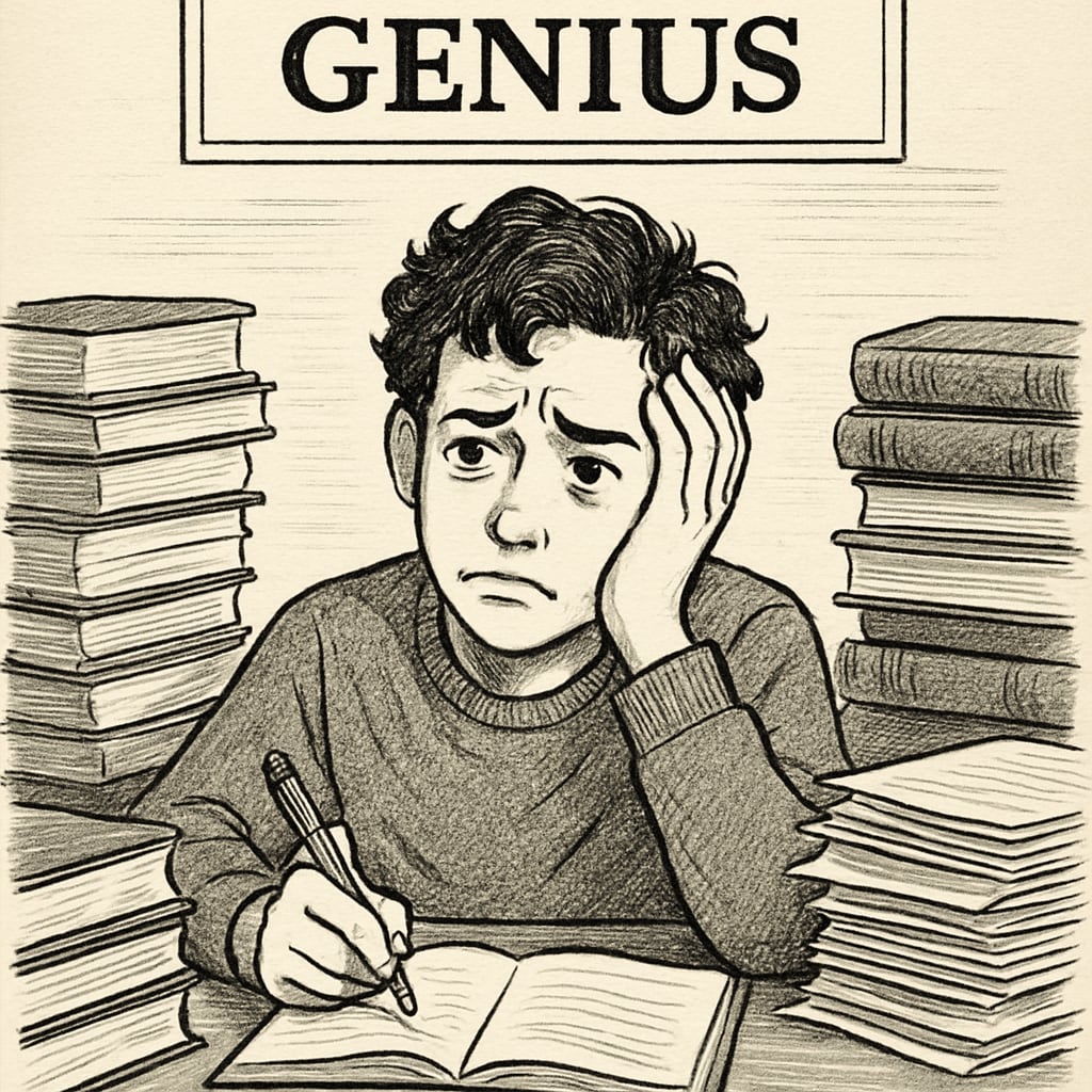 A stressed student sitting at a desk surrounded by books, symbolizing the psychological pressure of being labeled a Stressed student experiencing the psychological pressure of the