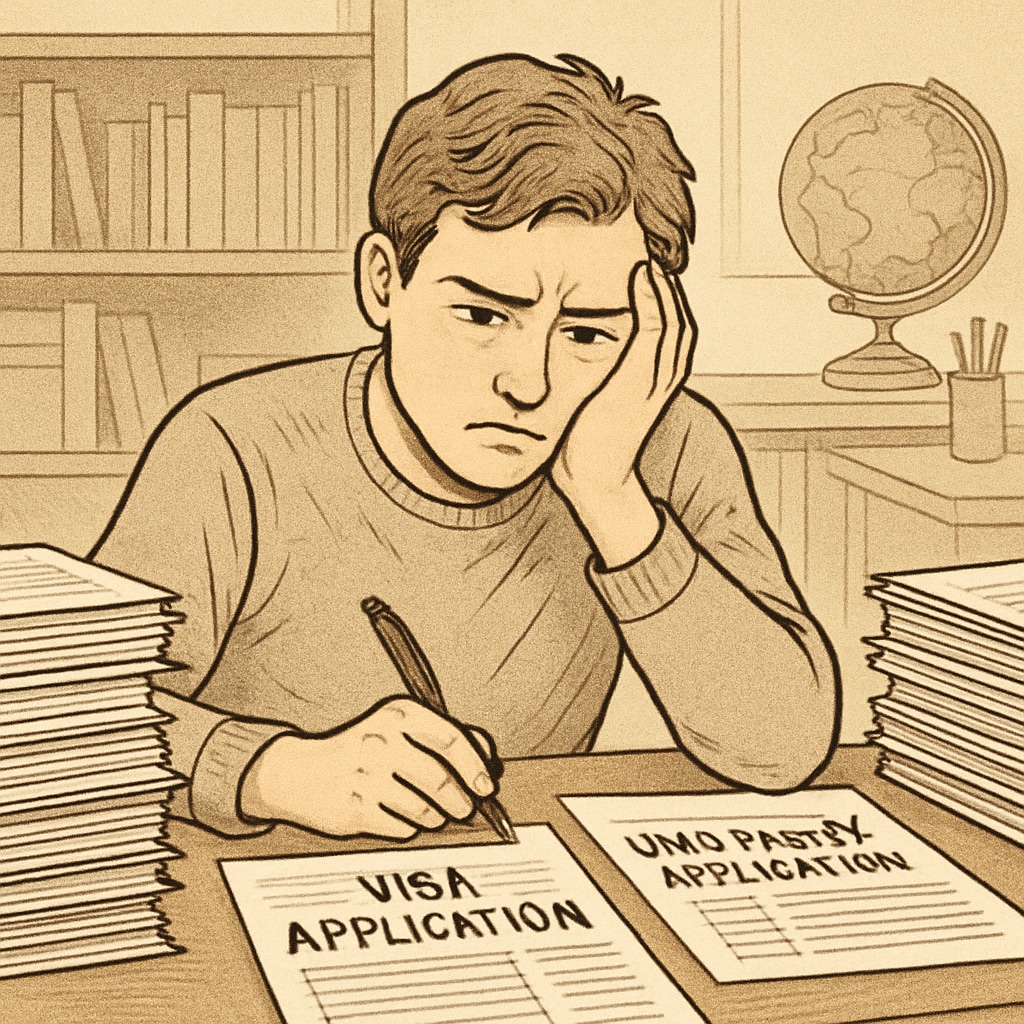 A frustrated student reviewing visa and university application documents, symbolizing the struggles of international education barriers. A student facing challenges with global education systems and visa applications.