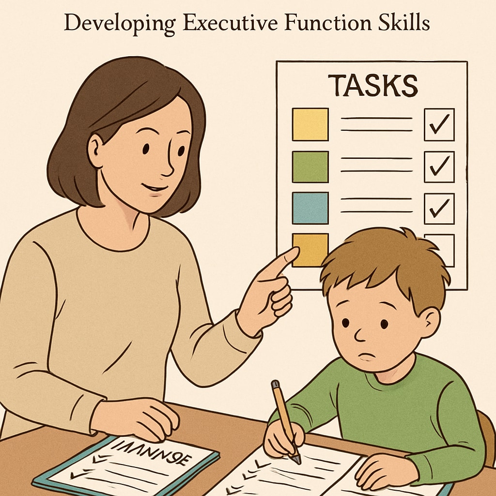 An illustration of a parent helping a child with ADHD organize their tasks, symbolizing executive function development. Parent supporting ADHD child with task organization, reflecting executive function strategies.