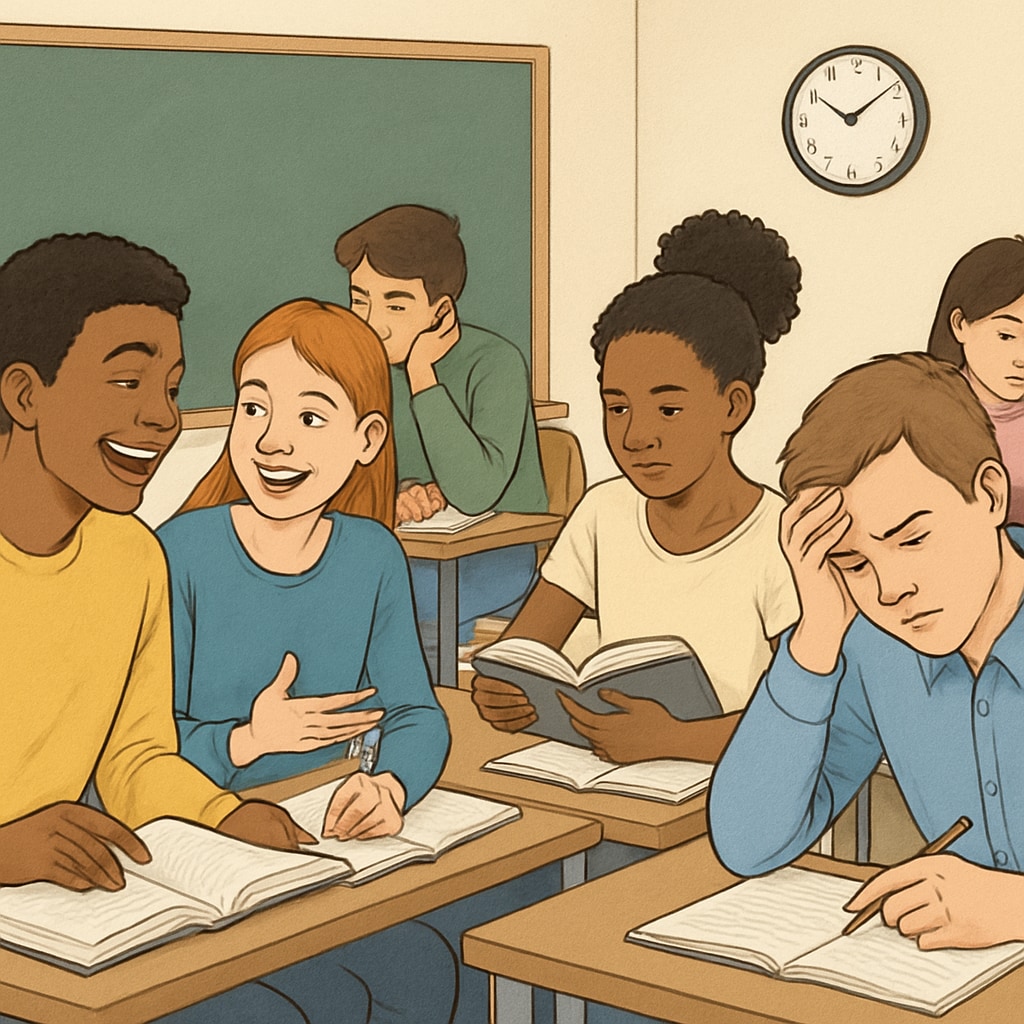 A diverse group of students in a classroom, showing a mix of emotions such as joy, frustration, and self-reflection. Diverse classroom with students expressing mixed emotions about educational labels.