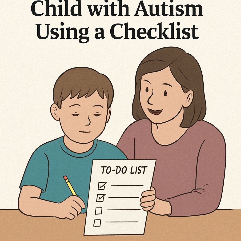 A visual representation of a checklist being used by a child with autism to complete tasks, illustrating parental support strategies. Autism child using checklist for task completion, showcasing parental guidance.