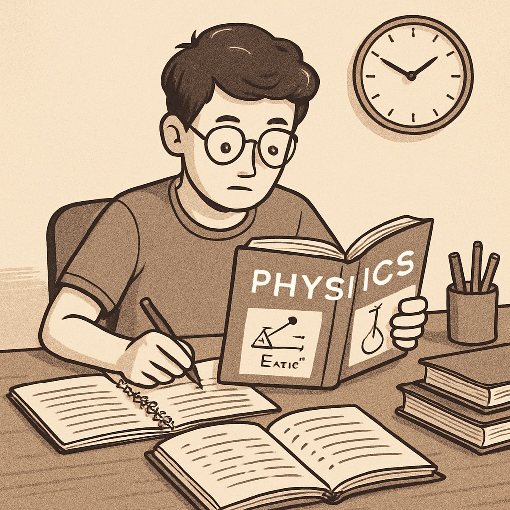A student reviewing their physics textbook, with notebooks and a clock in the background, symbolizing the importance of time management. Student studying physics with a focus on time management.