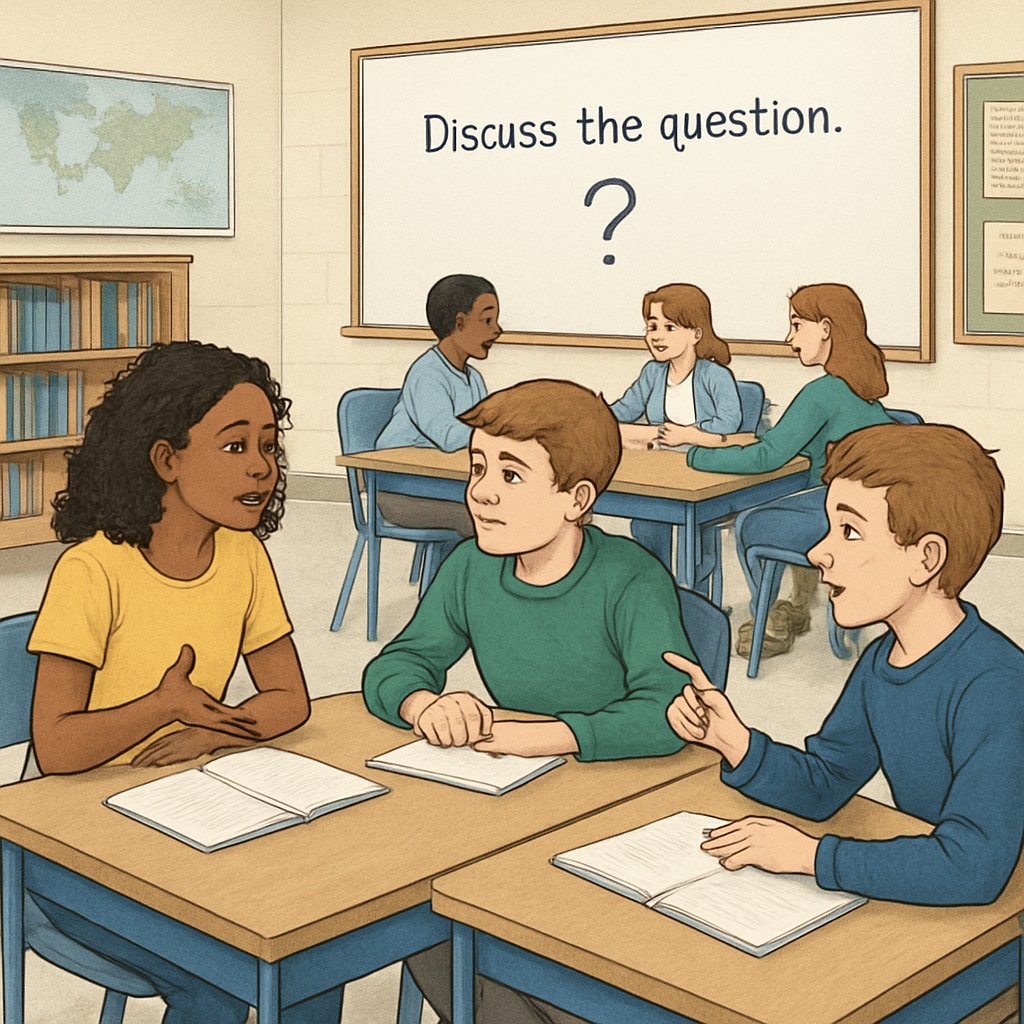 A classroom of students engaging in a group discussion, demonstrating critical thinking activities. Students in a classroom discussing ideas critically, showcasing the role of education in fostering thinking skills.