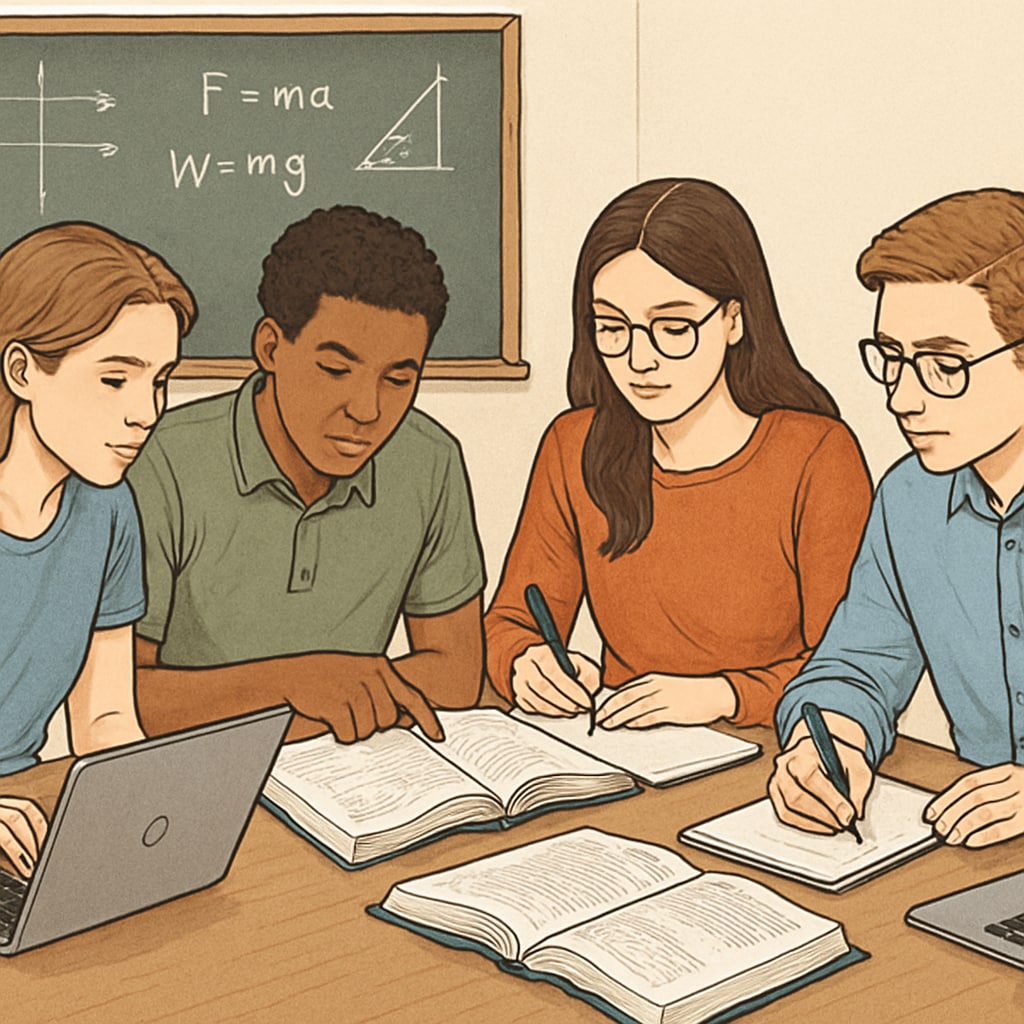 A group of students sitting together, solving physics problems collaboratively with laptops and textbooks. Collaborative learning for tackling physics backlogs.