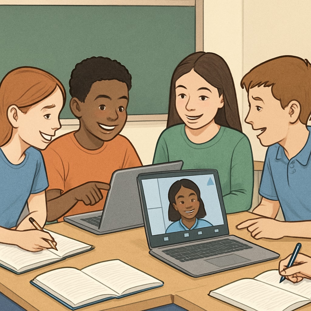 A group of K12 students working together on a Zoom or ReZoom activity, showcasing collaboration and engagement. Students collaborating during a Zoom or ReZoom teaching activity session.