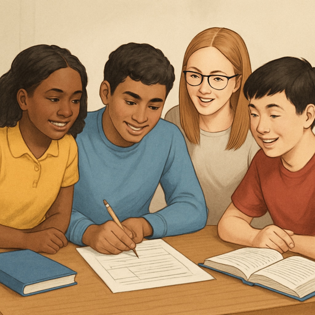 A diverse group of students collaborating on a project, symbolizing inclusivity and respect. Students from various backgrounds working together, emphasizing respect and collaboration in education.