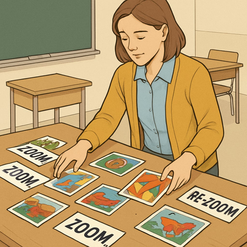 A teacher organizing Zoom and ReZoom cards on a classroom table, preparing for an interactive session. Educator arranging visual storytelling cards for Zoom and ReZoom activities.