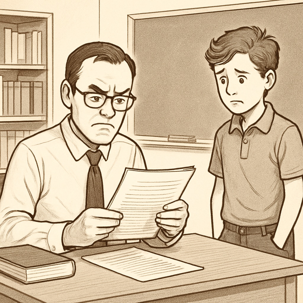 A teacher reviewing a student’s essay with suspicion, conveying the theme of plagiarism accusations. Teacher reviewing a student's essay, highlighting plagiarism concerns.
