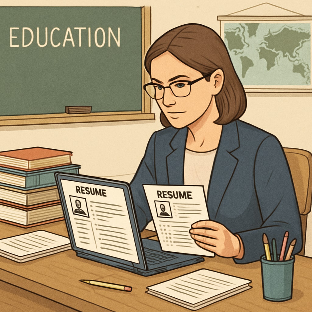Teacher reviewing resumes for Canadian K12 education roles.