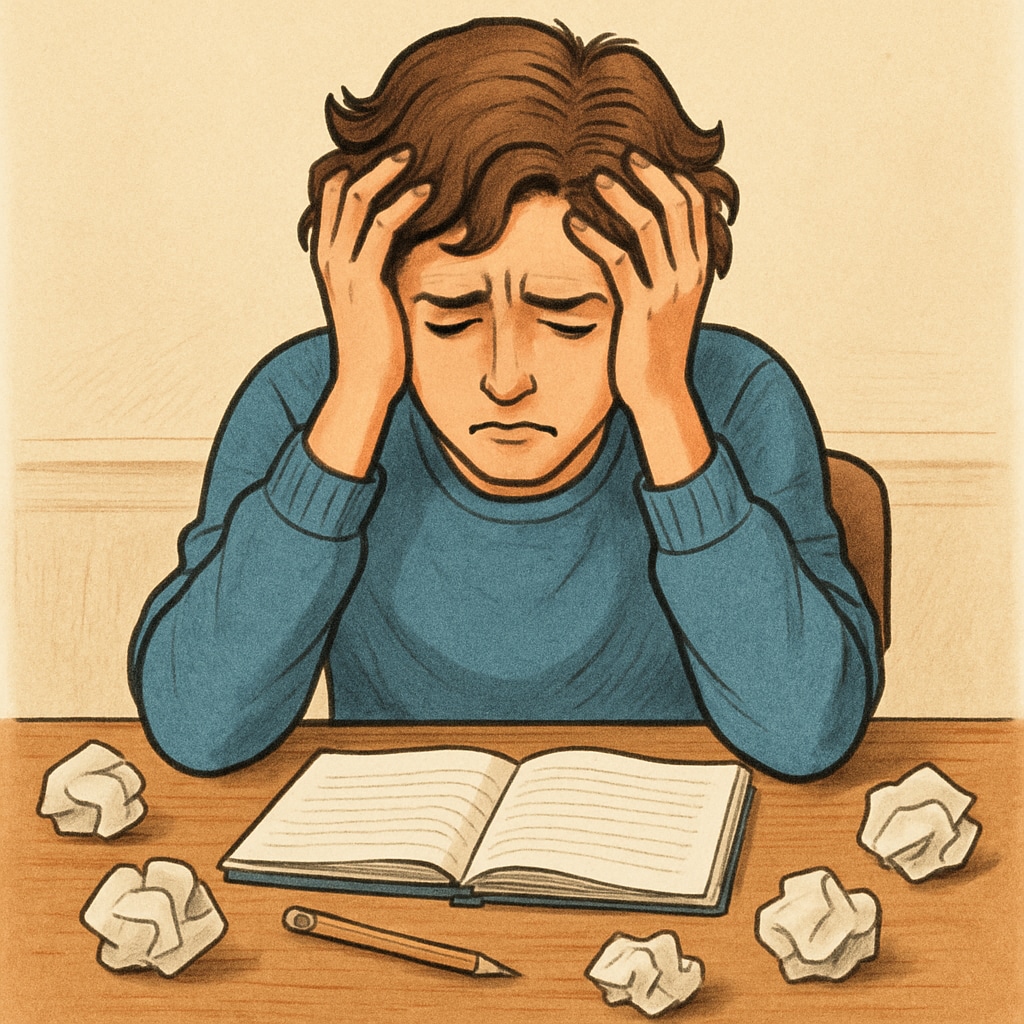 A frustrated student sitting at a desk, surrounded by crumpled papers, illustrating the emotional toll of false accusations. Frustrated student dealing with plagiarism accusations.