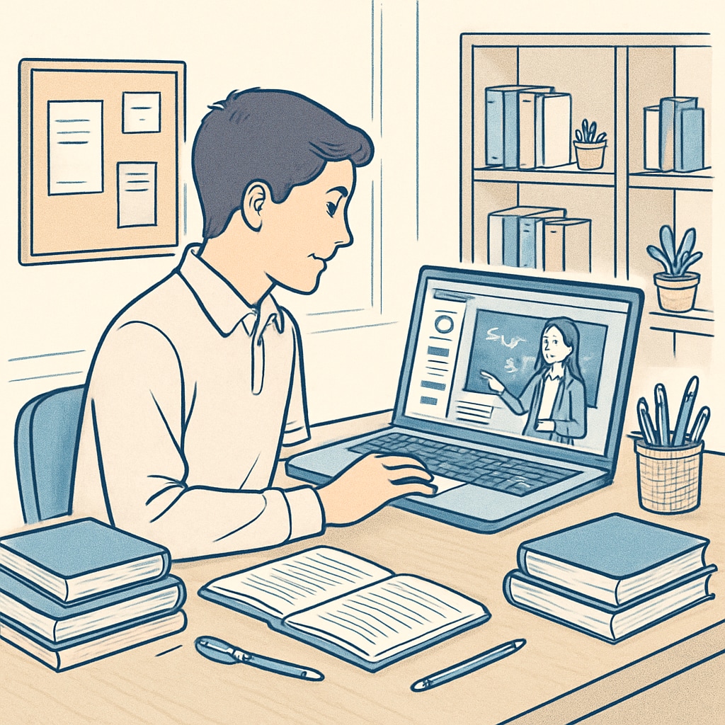 A high school student using an online learning platform on a laptop, sitting in a well-lit room with books and notebooks around. High school student using an online learning platform as a supplementary educational resource.