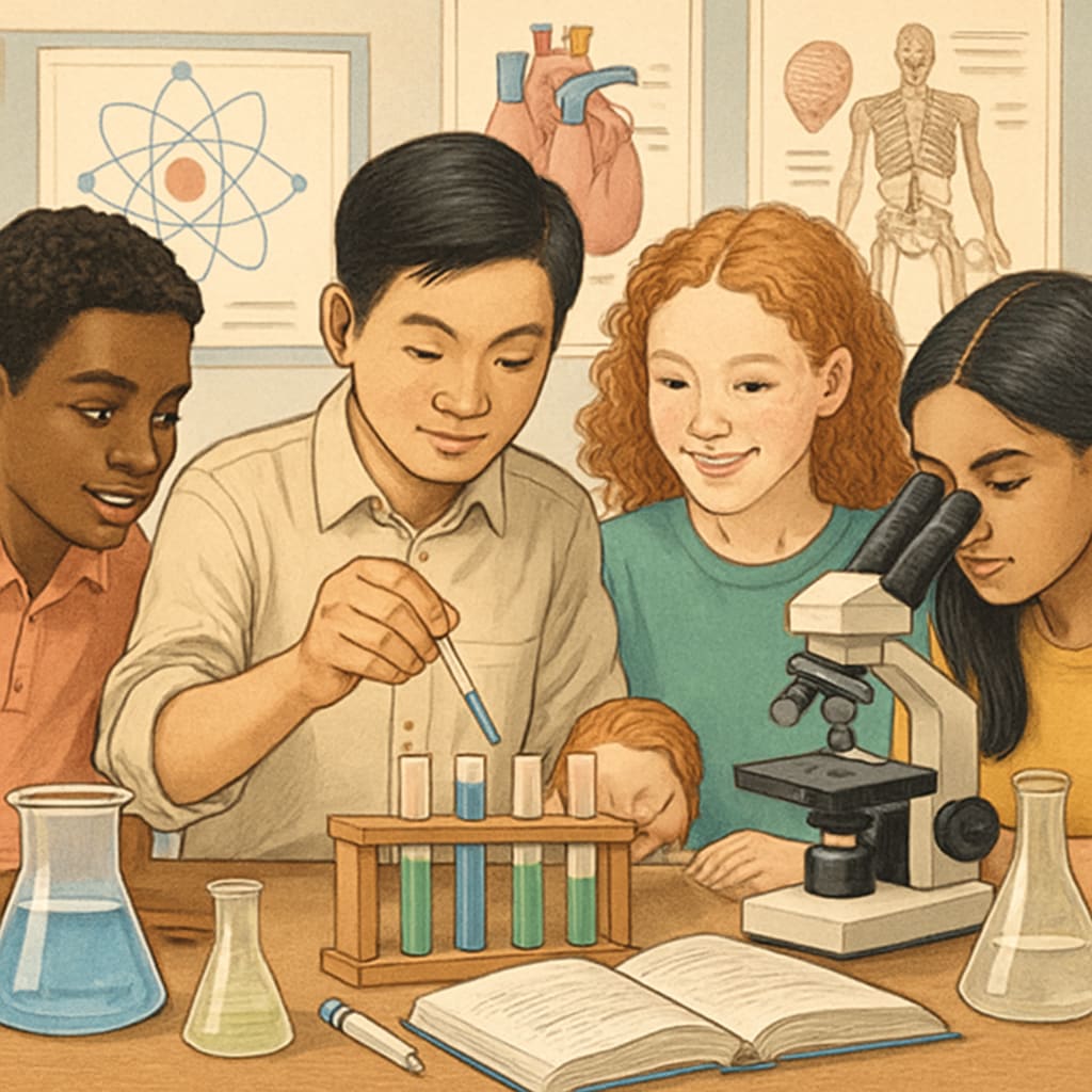A diverse group of high school students working on a hands-on science experiment together, with lab equipment and charts in the background. High school students conducting a science experiment; English learners in science